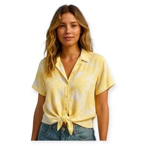 Aritzia Wilfred Free Yellow Palm Leaf Viscose Button Up Shirt Womens Large